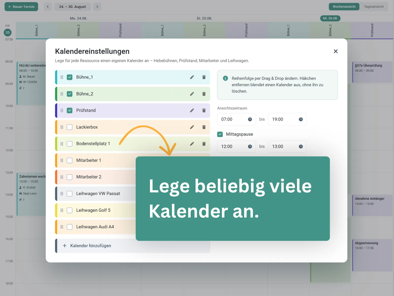 Kalendereinstellungen zum Anlegen mehrerer Kalender für Hebebühnen und Mitarbeiter