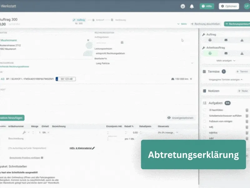 Abtretungserklärung wird automatisch mit Fahrzeug- und Kundendaten befüllt