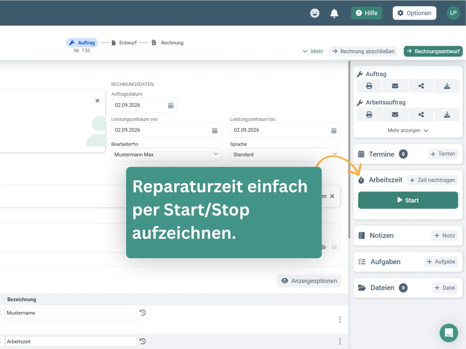 Reparaturzeit per Start/Stopp direkt im Arbeitsauftrag erfassen