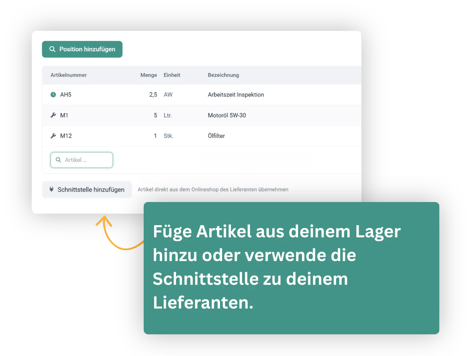 Ersatzteile aus dem Lager hinzufügen oder per Lieferantenschnittstelle übernehmen